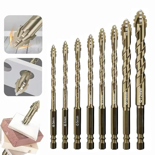 Sunkizzrs® 8-Pcs Hex Cross Sawtooth Tile Drill Bits Set (3/4/5/6/7/8/10/12mm) — Alloy Steel Hex Shank High Impact 4-Edge Hole Opener Drill Bits for Ceramic Tiles/Glass/Marble/Concrete/Plastic/Wood (8) - Image 1