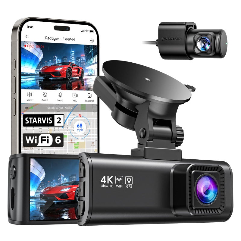 REDTIGER Dash Cam 4K Front and 1080P Rear, STARVIS 2 Sensor, 5.8GHz WiFi (20MB/s), GPS, WDR & HDR Night Vision, 170Â°Wide Angle, Parking Mode, Loop Recording with Emergency Lock(SD Card Not Included) - Image 1