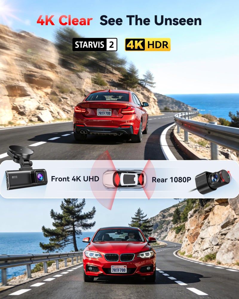 REDTIGER Dash Cam 4K Front and 1080P Rear, STARVIS 2 Sensor, 5.8GHz WiFi (20MB/s), GPS, WDR & HDR Night Vision, 170Â°Wide Angle, Parking Mode, Loop Recording with Emergency Lock(SD Card Not Included) - Image 2