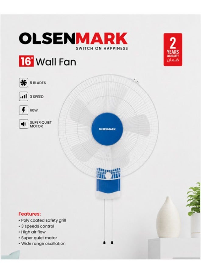 أولسنمارك مروحة حائط بثلاث سرعات 60 W OMF1701F أبيض/أزرق - Image 1