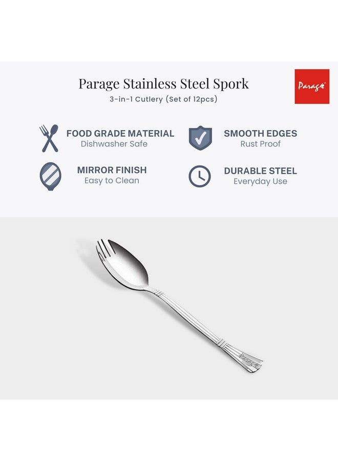 Parage 3-in-1 Stainless Steel 12 Pieces Spoon Fork Set | Spoon Cum Fork Set | Spork for Soups, Noodles| Length: 16 cm| Silver| Set of 12 - Image 4