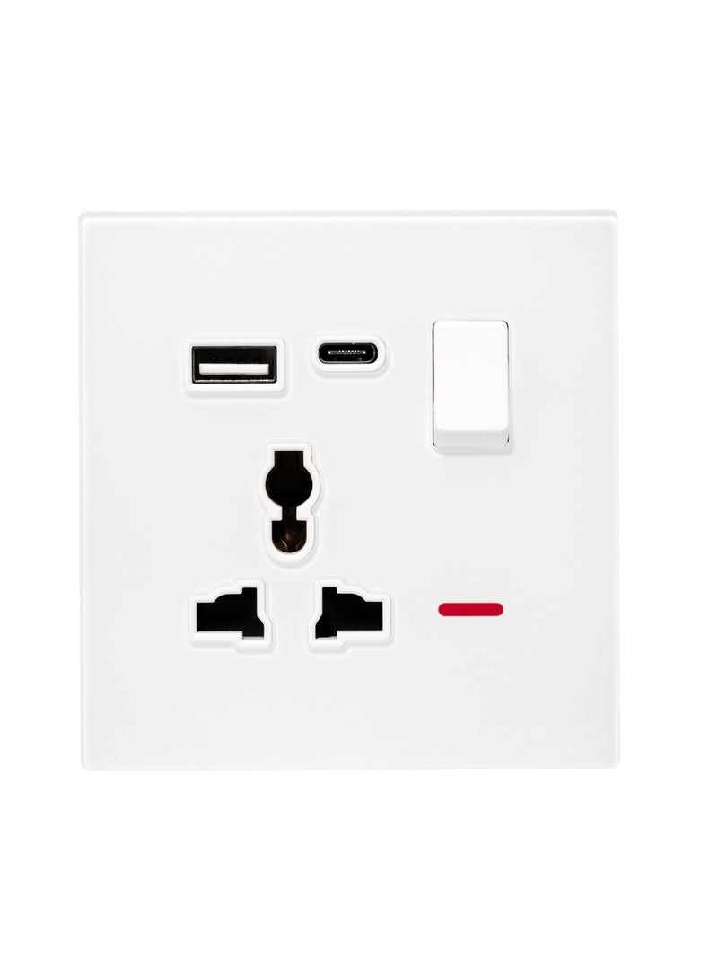 Donmarco Single MF Socket 13A USB + Type-C (5V 3.1A) – Ultra Thin Glass, Fast Charging, Fire-Resistant Electric Outlet , 3-Year Warranty, Multi-Function (Matt White) | Wall Socket Power Outlet  - Image 1