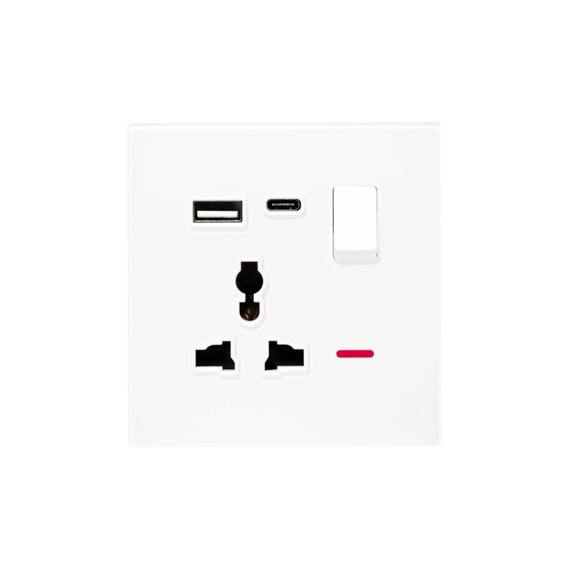 Donmarco مقبس MF مفرد 13A USB + Type-C (5V 3.1A) – زجاج فائق النحافة، شحن سريع، مقبس كهربائي مقاوم للحريق، ضمان 3 سنوات، متعدد الوظائف (أبيض مطفي) | مقبس طاقة حائط - Image 1