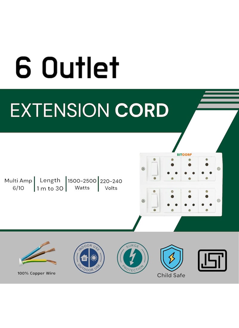 BITCORP - Bitcorp Extension Box 6A 10A 13A Amp 6 Way Multi Plug and 2 Switch 2500W 1 Meter Long Length Cable Cord Compatible with Charging LaptopComputerRefrigerator Mixer Washing Machine - Image 1