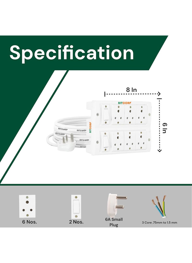 BITCORP - Bitcorp Extension Box 6A 10A 13A Amp 6 Way Multi Plug and 2 Switch 2500W 1 Meter Long Length Cable Cord Compatible with Charging LaptopComputerRefrigerator Mixer Washing Machine - Image 1