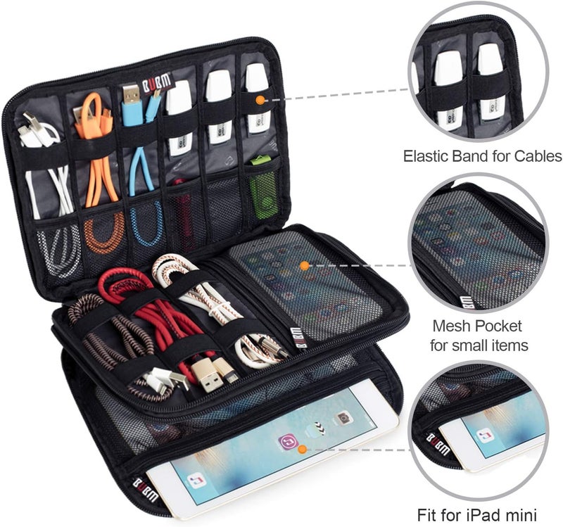 BUBM Double Layer Electronic Accessories Organizer, Travel Gadget Bag for Cables, USB Flash Drive, Plug and More, Perfect Size Fits for iPad Mini (Medium, Black) - Image 4