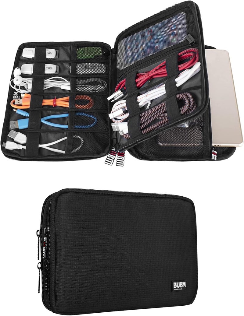 BUBM Double Layer Electronic Accessories Organizer, Travel Gadget Bag for Cables, USB Flash Drive, Plug and More, Perfect Size Fits for iPad Mini (Medium, Black) - Image 1