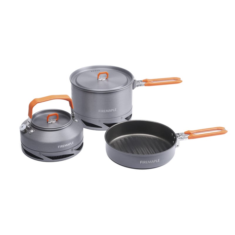 FireMaple Feast Heat Exchanger Set Compact Camping Cooking Set Nested Design Contain with a Pot Kettle and NonStick Frypan Ideal for Fishing Picnic and Camp use