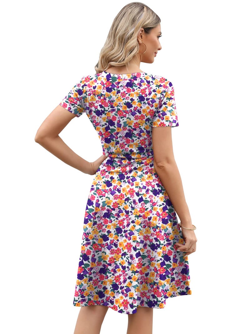 HELYO A-Line Dresses for Women Professional Elegant Summer 50s Office Work Party Floral Print Casual Dress with Pockets 162 Purple Yellow M - Image 2