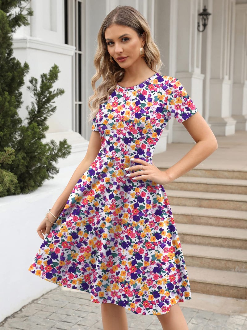 HELYO A-Line Dresses for Women Professional Elegant Summer 50s Office Work Party Floral Print Casual Dress with Pockets 162 Purple Yellow M - Image 5