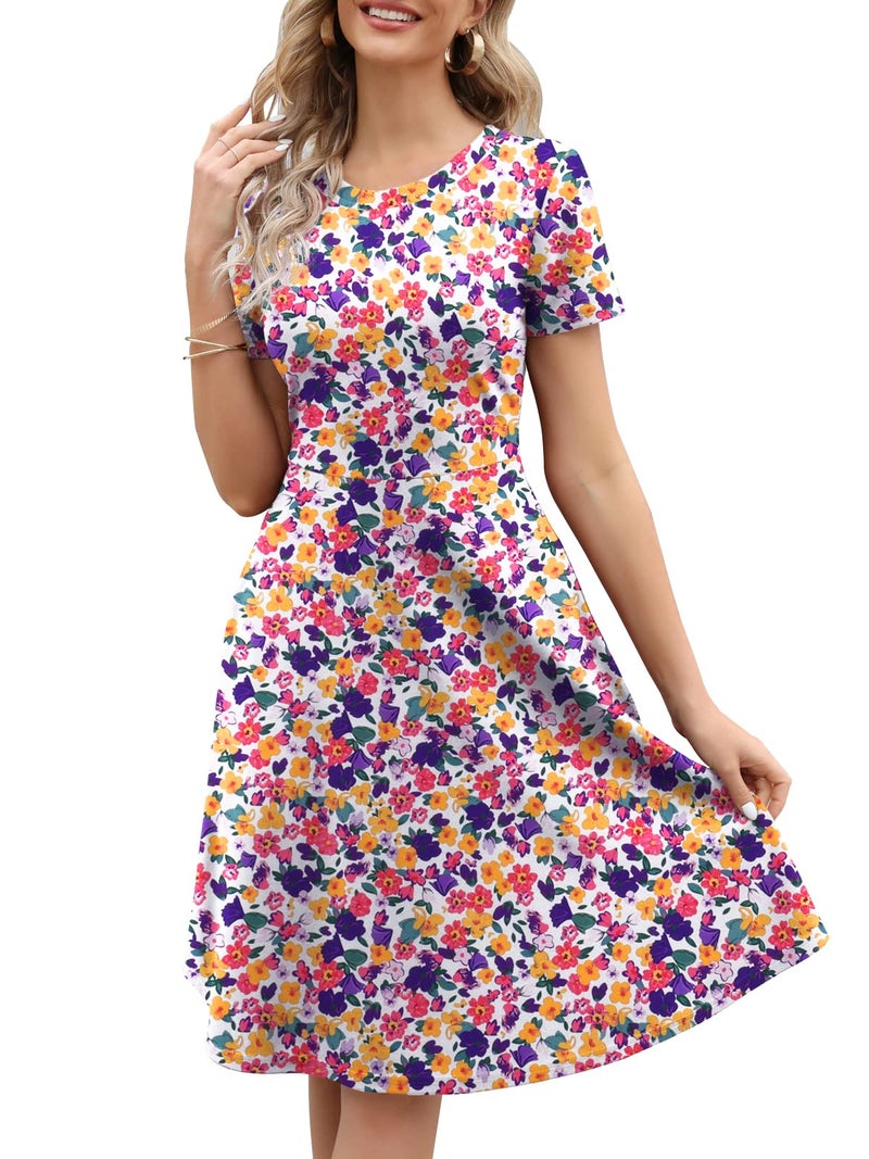 HELYO A-Line Dresses for Women Professional Elegant Summer 50s Office Work Party Floral Print Casual Dress with Pockets 162 Purple Yellow M - Image 1