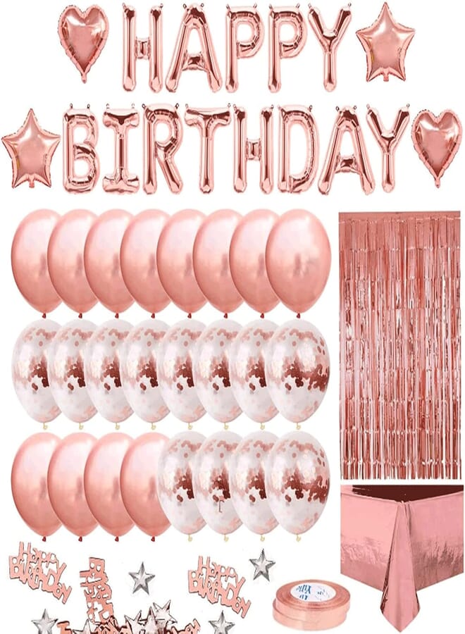 Beauenty Rose Gold Balloons Party Decorations Supplies for Birthday, Wedding Decorations, Including Happy Birthday Banner, Sequin Table Runner, Rose Gold Balloons, Foil Fringe Curtains