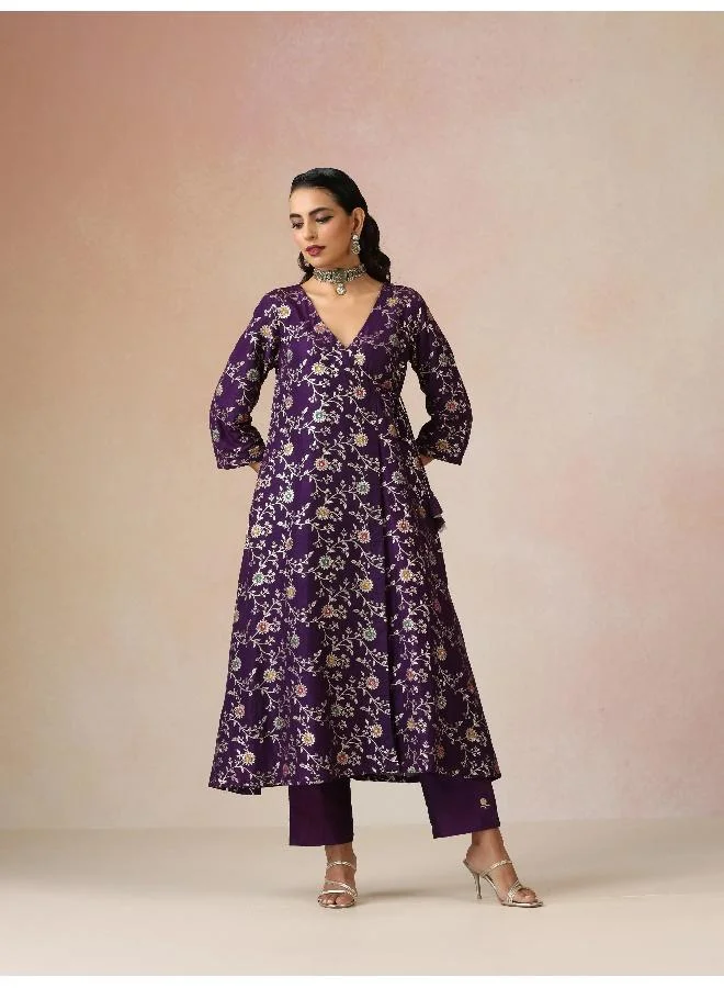 trueBrowns trueBrowns Purple Brocade Angrakha Kurta Set