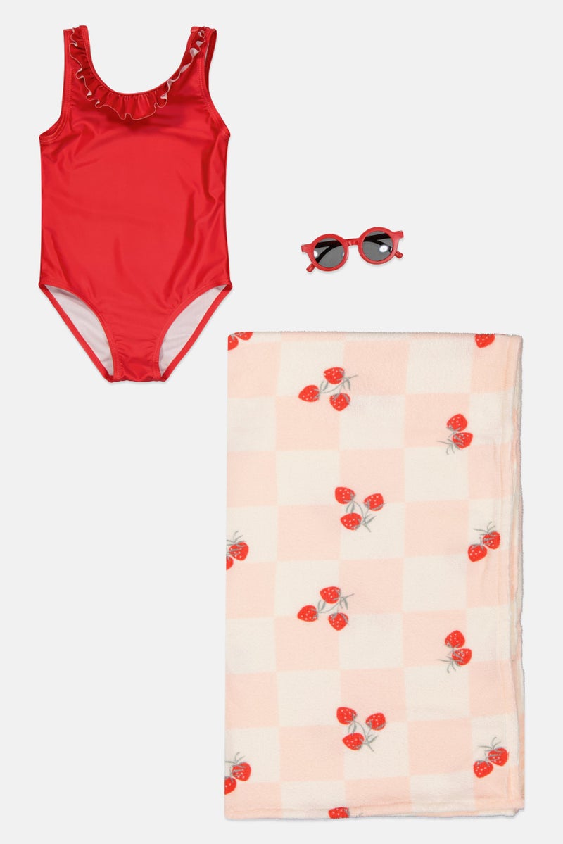 L&J Swim Club Toddlers Girl 3 Pcs Solid Swimsuit And Towel With Sunglasses Set, Multicolor - Image 3