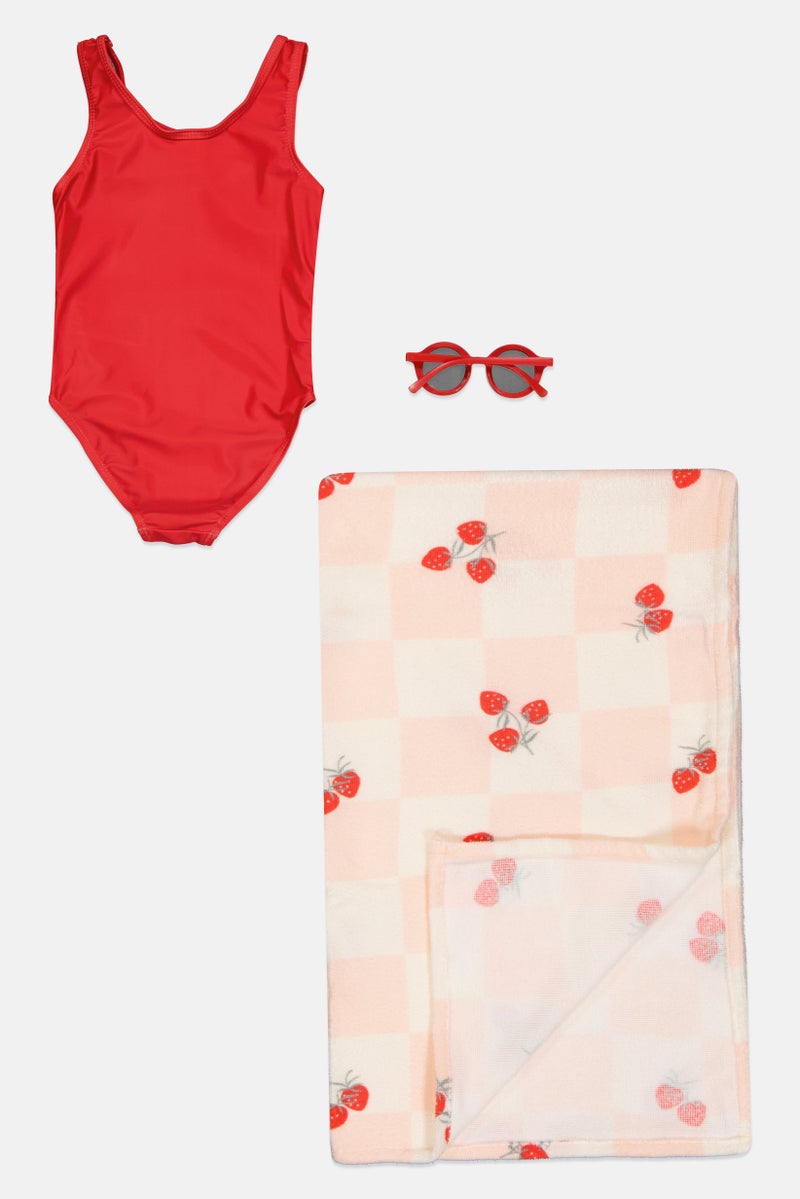 L&J Swim Club Toddlers Girl 3 Pcs Solid Swimsuit And Towel With Sunglasses Set, Multicolor - Image 2