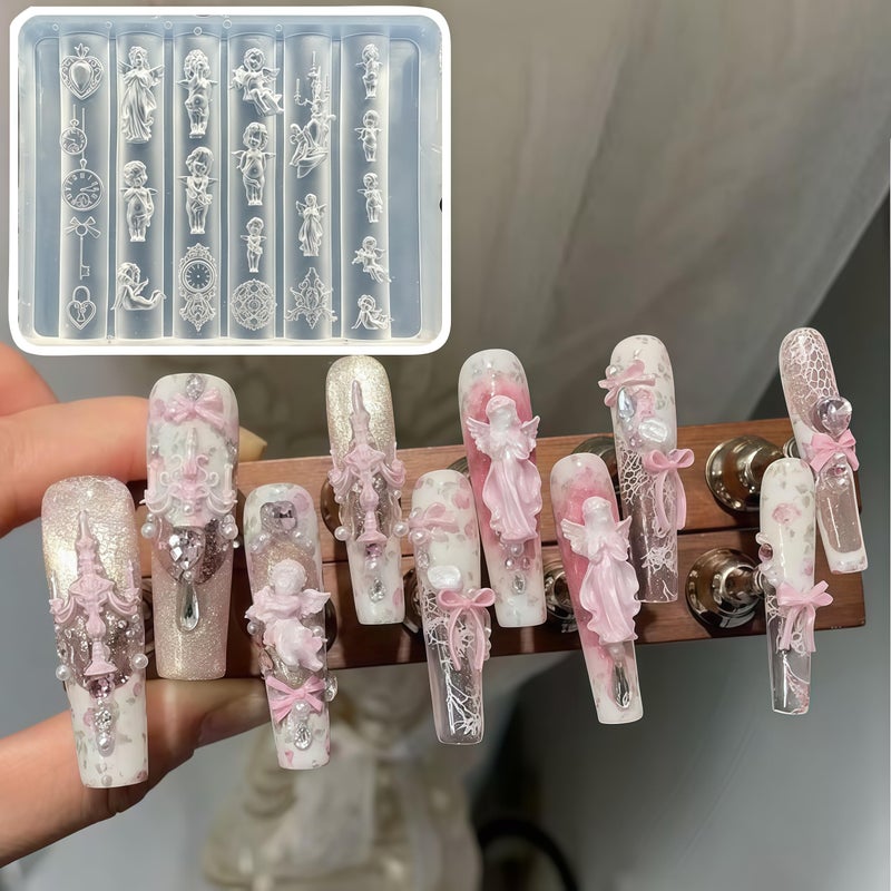 BHCCXZ 5Pcs 3D Virgin Mary Cupid Angel Gel Nail Art Mold Arts Resin Picture Frame Molds for Accessories Supplies Wing Silicone Tools Nails - Image 3
