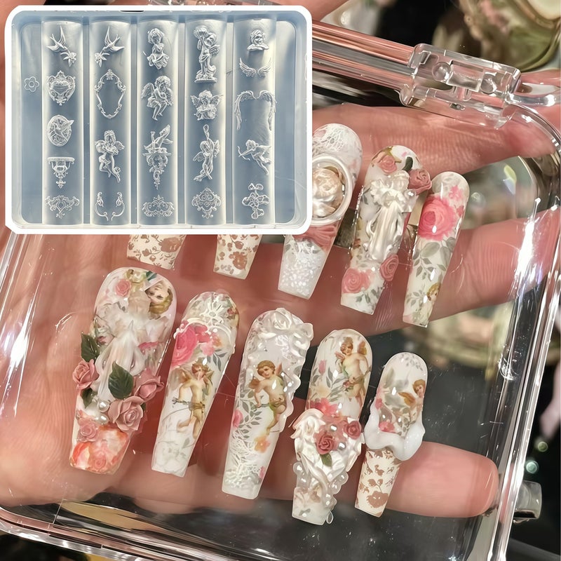 BHCCXZ 5Pcs 3D Virgin Mary Cupid Angel Gel Nail Art Mold Arts Resin Picture Frame Molds for Accessories Supplies Wing Silicone Tools Nails - Image 4