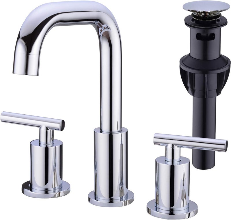 TRUSTMI 2-Handle 8 Inch Widespread Bathroom Sink Faucet High Arc Brass 3 Holes Vanity Faucet with cUPC Water Supply Hoses, Overflow Pop Up Drain Included, Chrome - Image 1