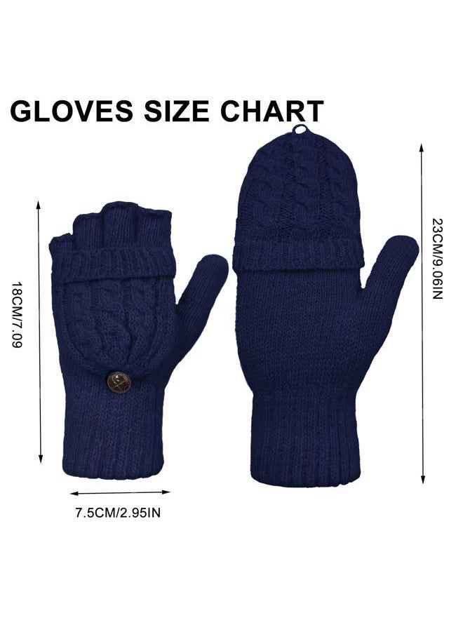 Beurlike - Winter Fingerless Gloves Mittens for Women Men Warm Wool Knitted Convertible Flip Top Mittens Cold Weather(Navy) - Image 1