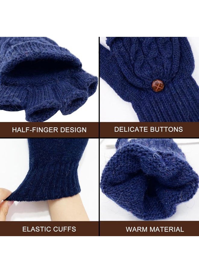 Beurlike - Winter Fingerless Gloves Mittens for Women Men Warm Wool Knitted Convertible Flip Top Mittens Cold Weather(Navy) - Image 1