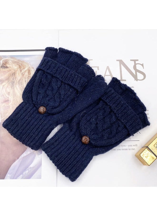 Beurlike - Winter Fingerless Gloves Mittens for Women Men Warm Wool Knitted Convertible Flip Top Mittens Cold Weather(Navy) - Image 1
