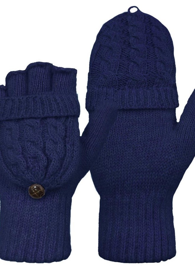 Beurlike - Winter Fingerless Gloves Mittens for Women Men Warm Wool Knitted Convertible Flip Top Mittens Cold Weather(Navy) - Image 1