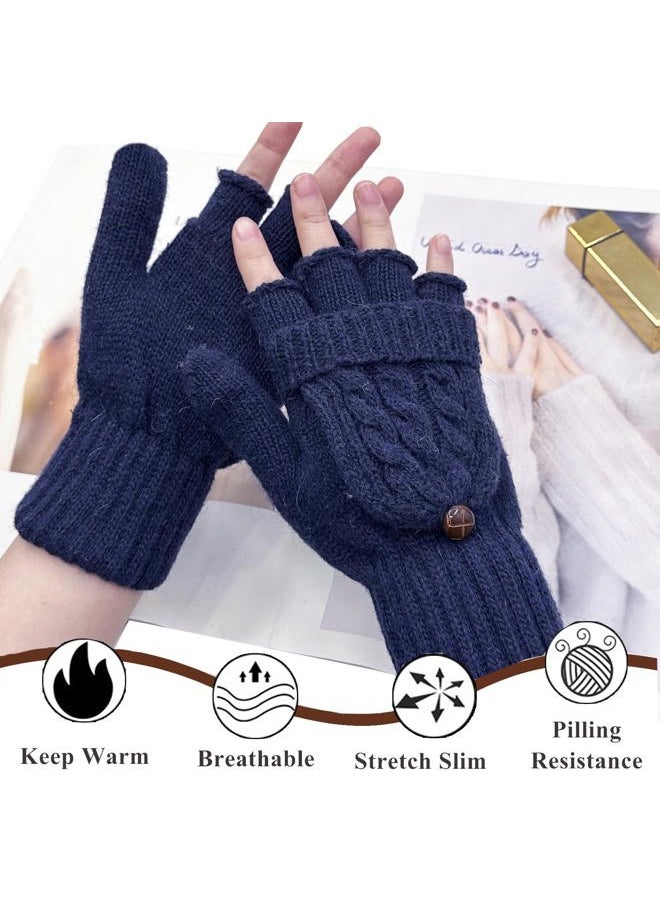 Beurlike - Winter Fingerless Gloves Mittens for Women Men Warm Wool Knitted Convertible Flip Top Mittens Cold Weather(Navy) - Image 1