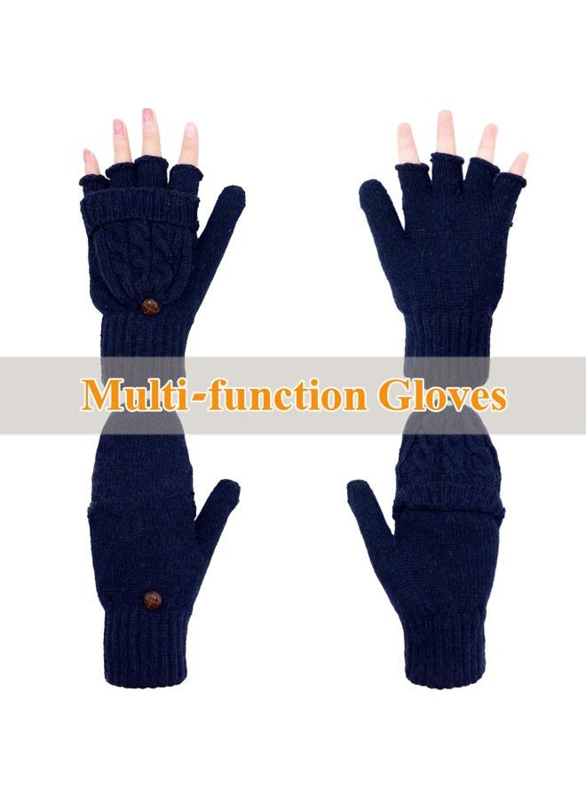 Beurlike - Winter Fingerless Gloves Mittens for Women Men Warm Wool Knitted Convertible Flip Top Mittens Cold Weather(Navy) - Image 1