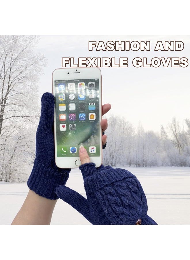 Beurlike - Winter Fingerless Gloves Mittens for Women Men Warm Wool Knitted Convertible Flip Top Mittens Cold Weather(Navy) - Image 1