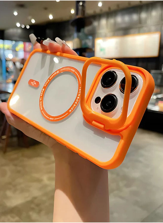 Generic Transparent Magnetic Case for iPhone 7/8 With Luxury Lens Fold Bracket Metal Stand Magsafe Cover for iPhone 7/8 - Orange  - Image 2