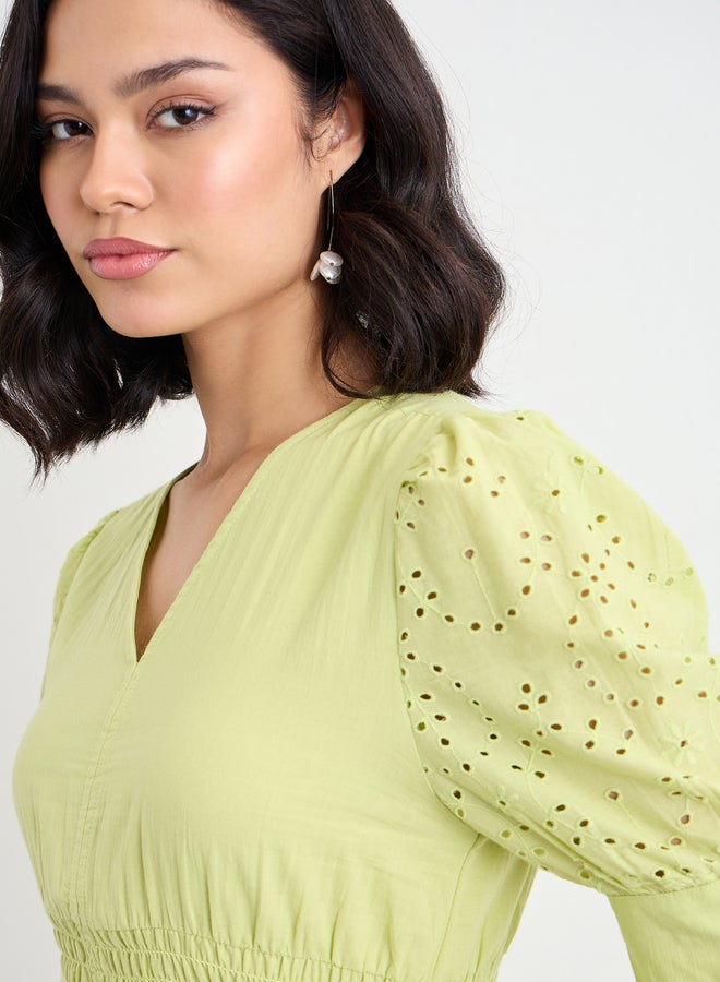 Styli Women Green Schiffli V Neck A-Line Mid Dress - Image 3