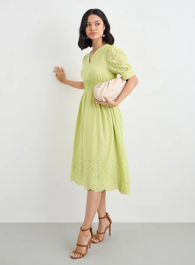 Styli Styli Women Green Schiffli V Neck A-Line Mid Dress