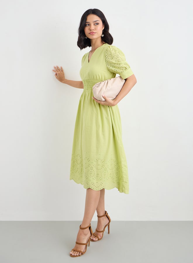 Styli Women Green Schiffli V Neck A-Line Mid Dress - Image 1