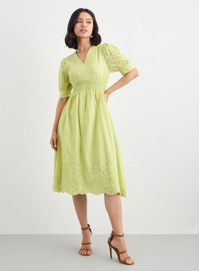 Styli Women Green Schiffli V Neck A-Line Mid Dress - Image 2