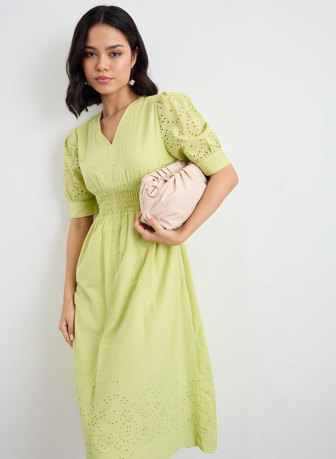 Styli Women Green Schiffli V Neck A-Line Mid Dress - Image 5