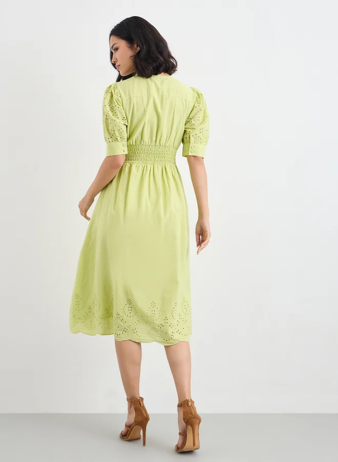 Styli Styli Women Green Schiffli V Neck A-Line Mid Dress