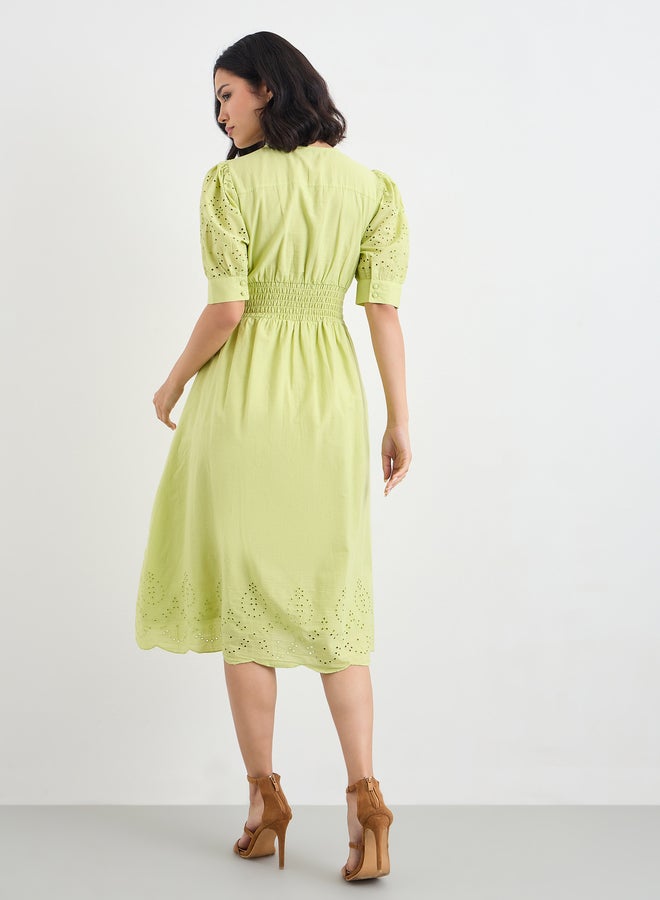 Styli Women Green Schiffli V Neck A-Line Mid Dress - Image 4