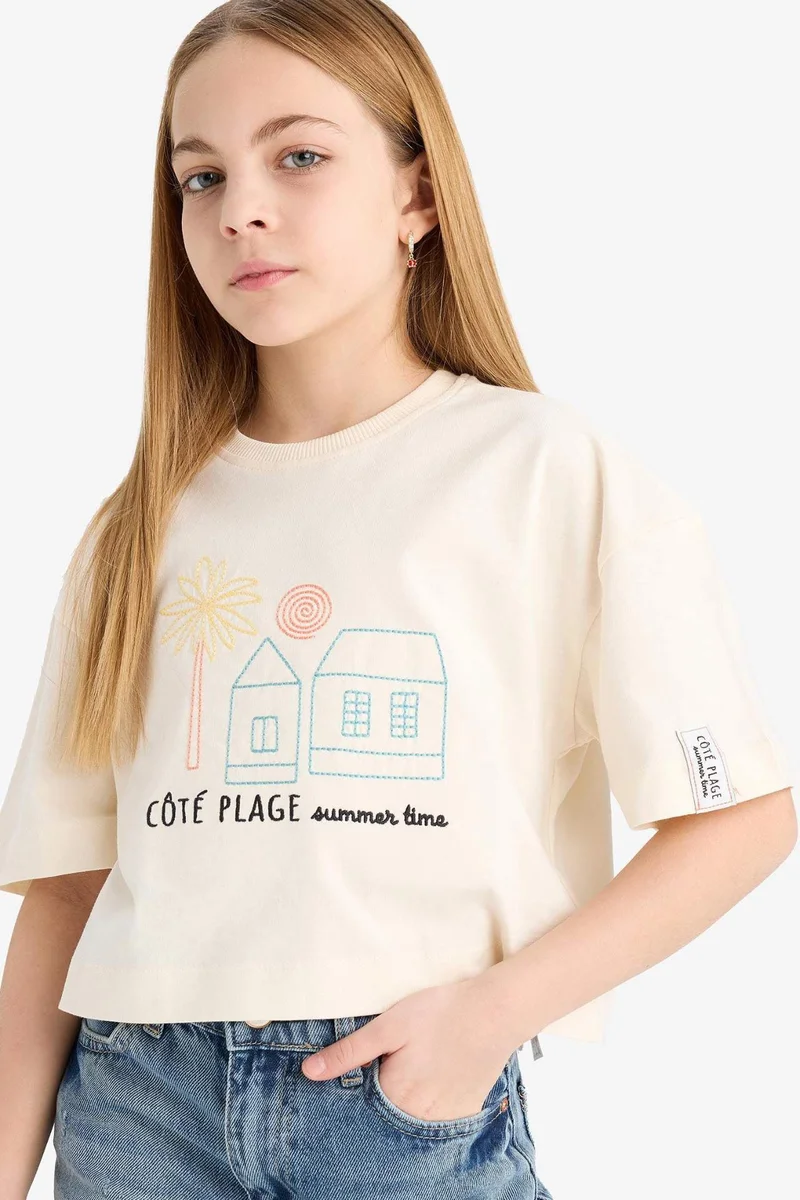 ديفاكتو Girl Boxy Fit Crew Neck Slogan Printed T-Shirt