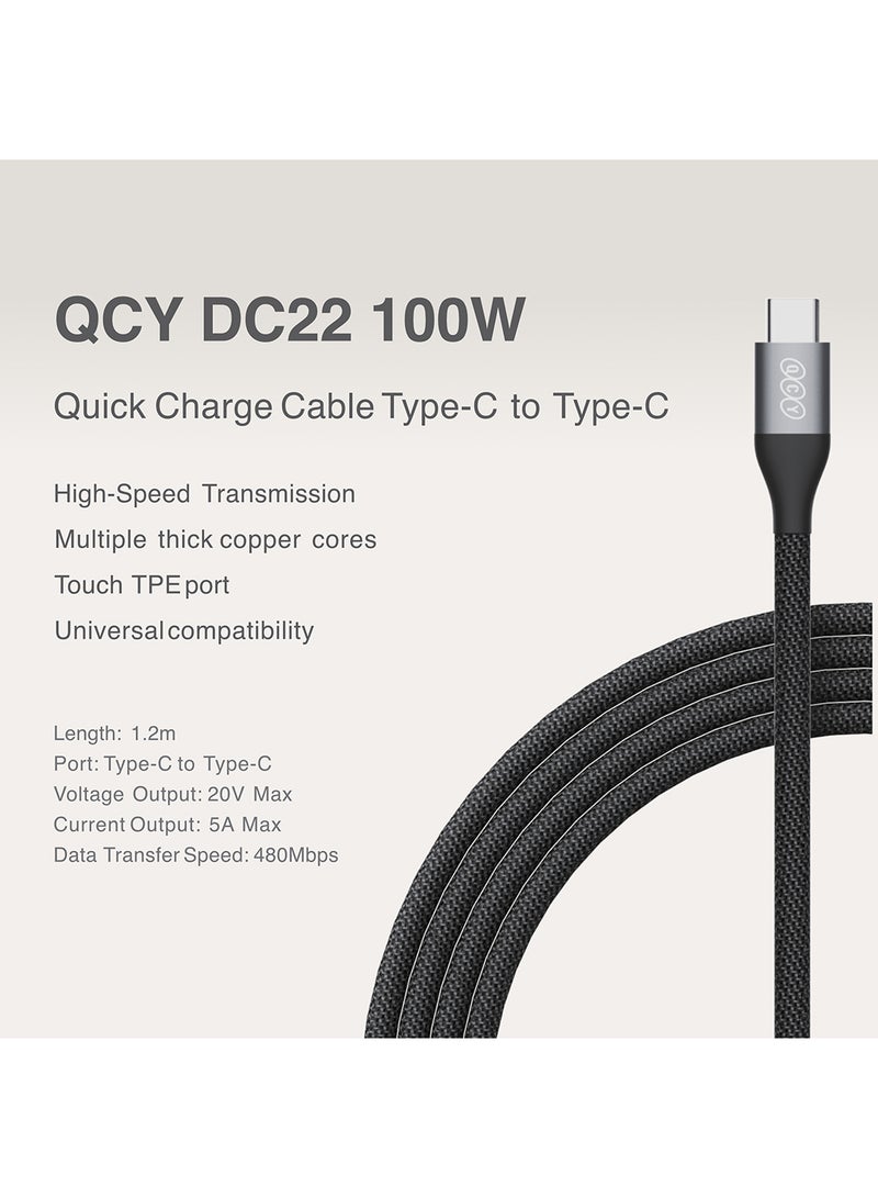 QCY Type-C to Type-C 100W Charging Cable 1m - Black - DC22- – Fast Charging Cable with High-Speed Data Transfer, Precision Braided Design & Sturdy Metal Plug Black - Image 2