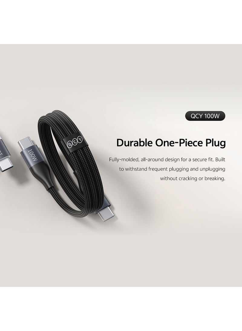 QCY Type-C to Type-C 100W Charging Cable 1m - Black - DC22- – Fast Charging Cable with High-Speed Data Transfer, Precision Braided Design & Sturdy Metal Plug Black - Image 3