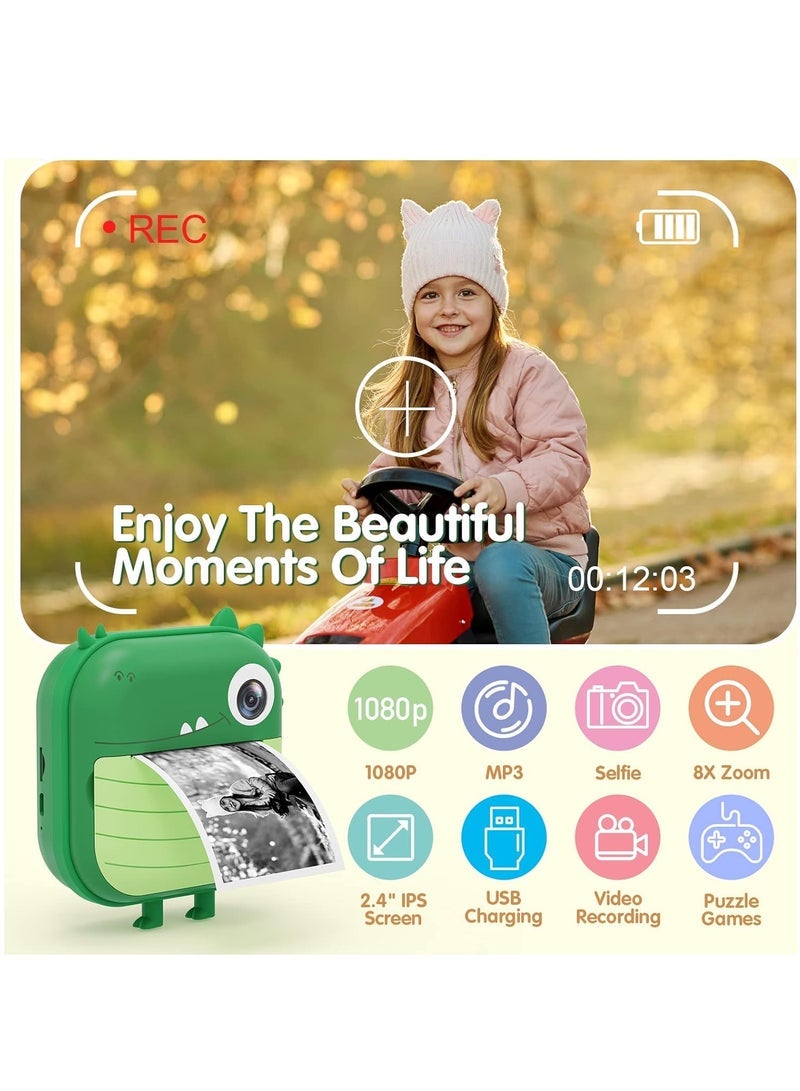 Children's Camera, Instant Print Crocodile-shape Camera, 2.4-inch Screen Dual Lens 1080P HD Video Camera Comes with 32GB TF Card, as Gifts for Kid from 3 to 14 Years (Green)  - Image 2