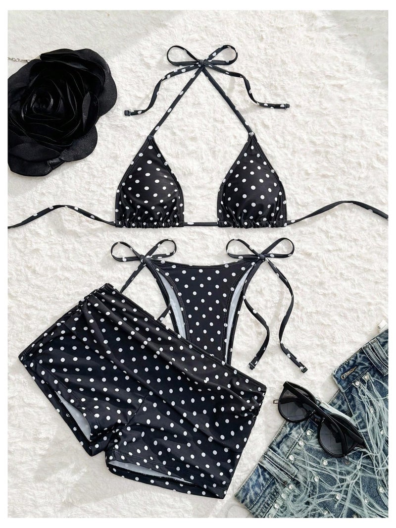 MakeMeChic Women's Polka Dots Triangle Bikini Sets Swim Shorts Y2K Leopard Striped Bathing Suit Swimsuit Polka Dots Medium - Image 3