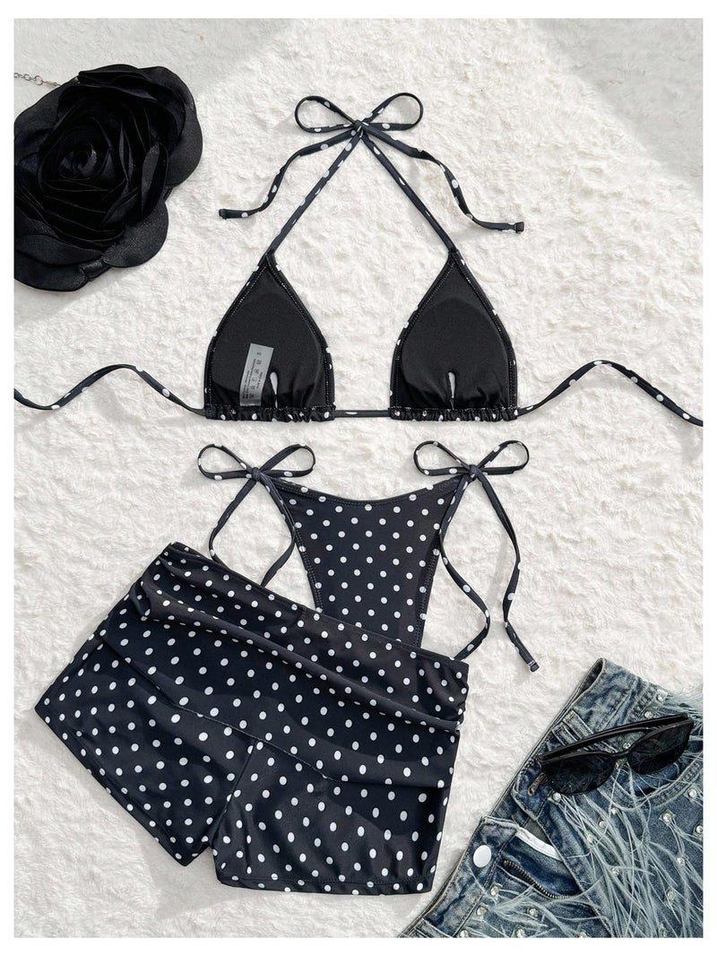 MakeMeChic Women's Polka Dots Triangle Bikini Sets Swim Shorts Y2K Leopard Striped Bathing Suit Swimsuit Polka Dots Medium - Image 4