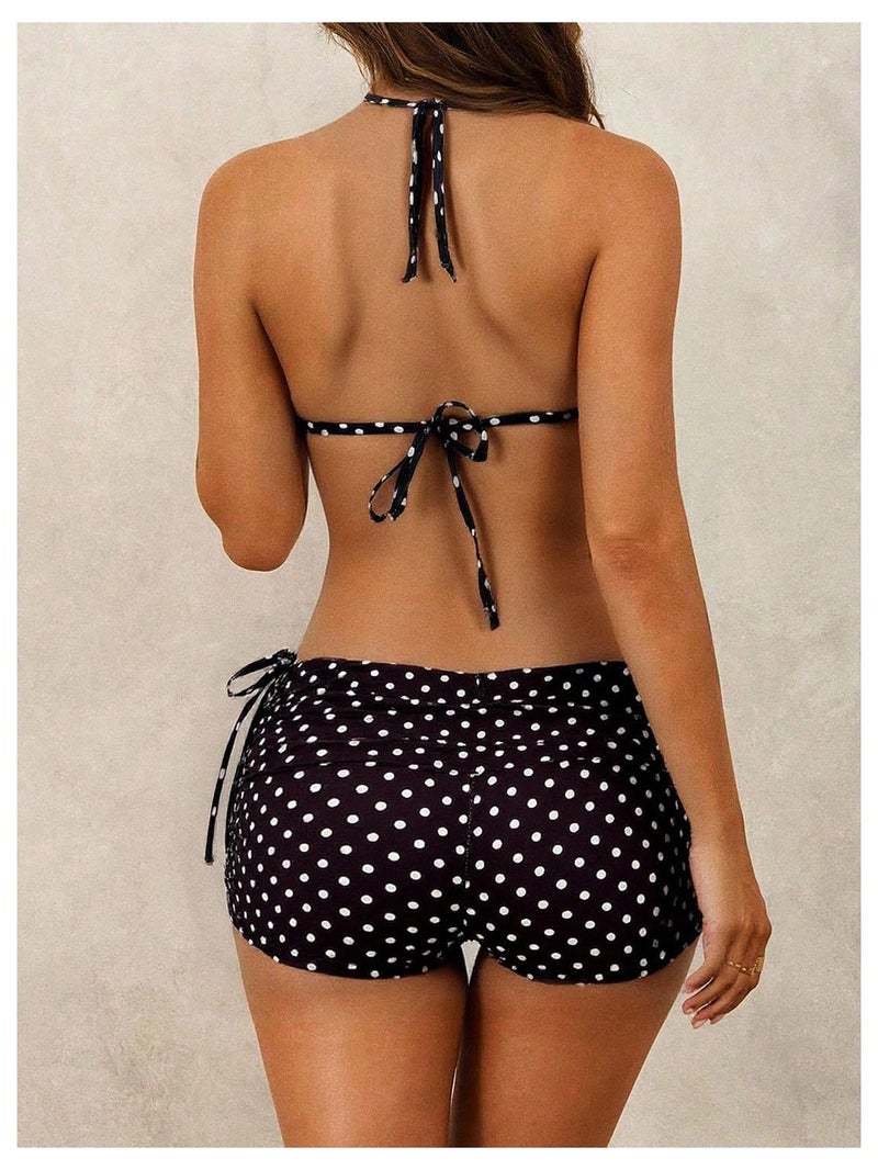 MakeMeChic Women's Polka Dots Triangle Bikini Sets Swim Shorts Y2K Leopard Striped Bathing Suit Swimsuit Polka Dots Medium - Image 2