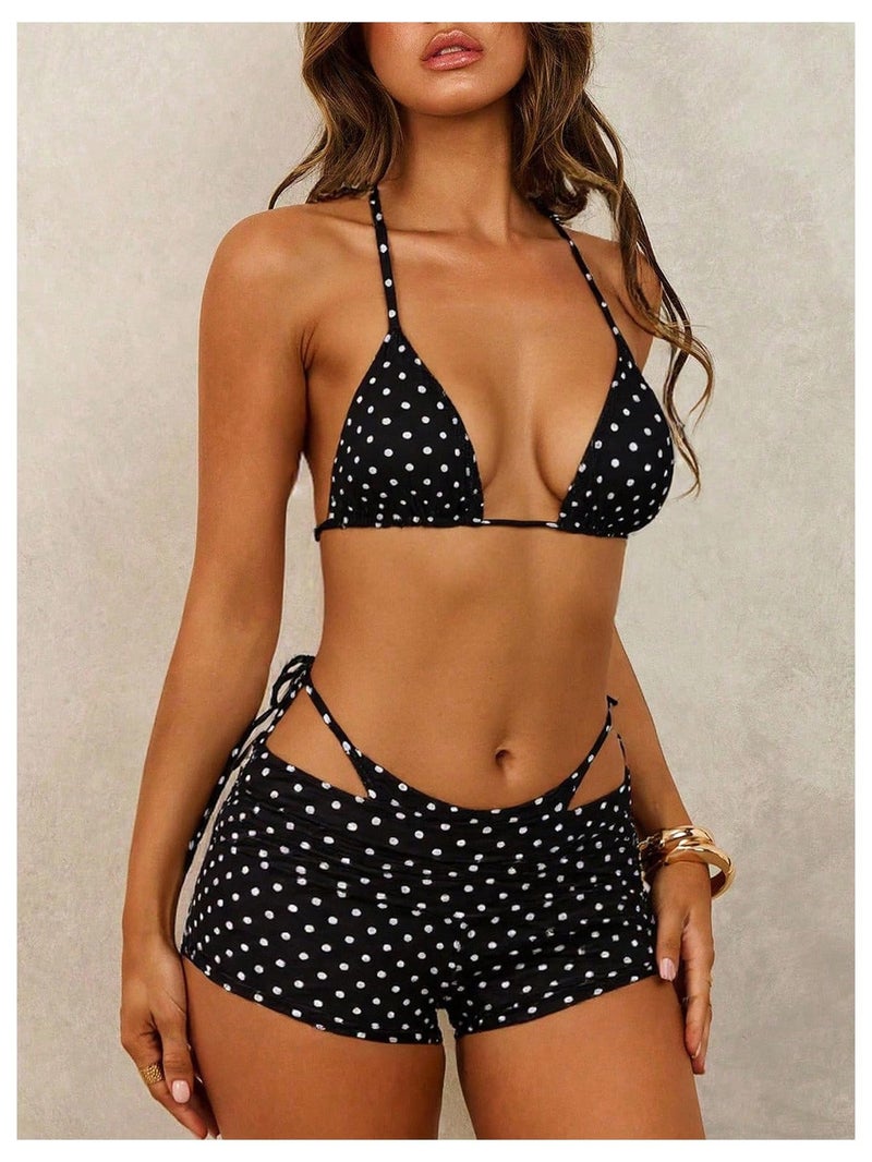 MakeMeChic Women's Polka Dots Triangle Bikini Sets Swim Shorts Y2K Leopard Striped Bathing Suit Swimsuit Polka Dots Medium - Image 5