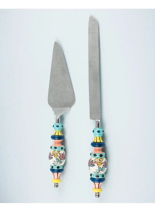 تشومباك طقم تقديم كيك بنقشة الزهور - أزرق