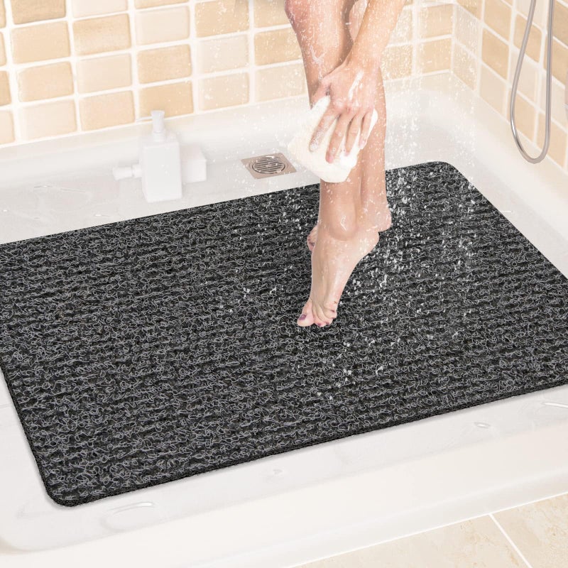 LuxStep Shower Mat Bathtub Mat24x32 inch NonSlip Bath Mat with Drain Quick Drying PVC Loofah Bathmat for TubShowerBathroom Phthalate FreeBlack