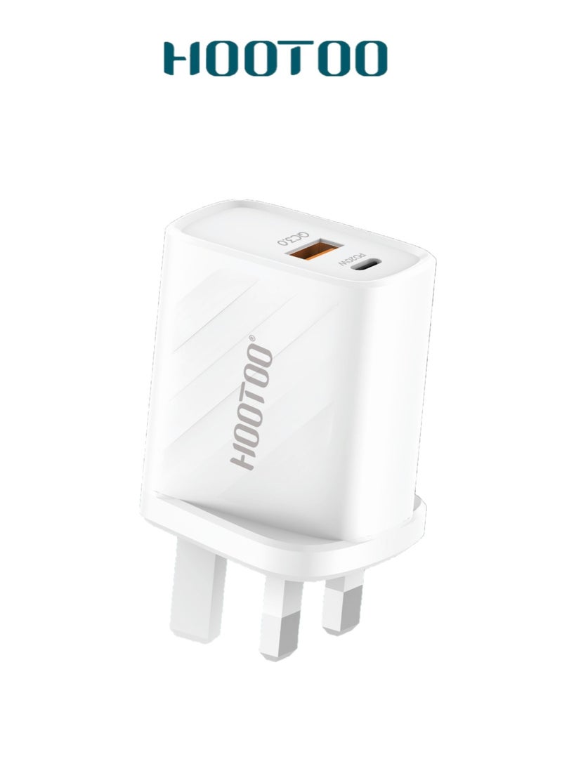 هوتو فيش شاحن من هوتو. راس شاحن تايب سي و USB. راس شاحن بقوة 20واط بلون ابيض. فيش تايب سي يدعم الشحن السريع. - Image 1