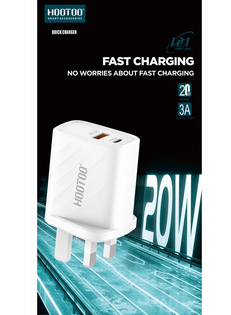 هوتو فيش شاحن من هوتو. راس شاحن تايب سي و USB. راس شاحن بقوة 20واط بلون ابيض. فيش تايب سي يدعم الشحن السريع. - Image 2