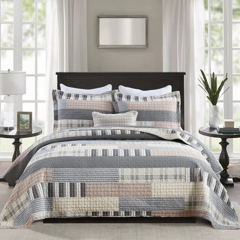 PANGUSHAN Quilt Set King Size 100 Cotton Quilt Bedding Set Bedspreads Patchwork Plaid Farmhouse Reversible Lightweight Comforter Bed Spread for King Bed GrayBrown 3 Pieces